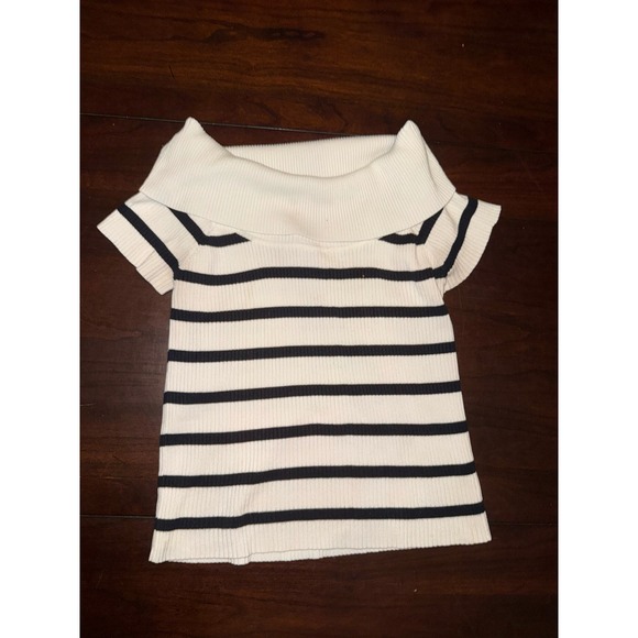 Olive + Oak Sweaters - Olive + Oak Womens Cream Navy Blue Striped Off Shoulder Ribbed Knit Top Large
